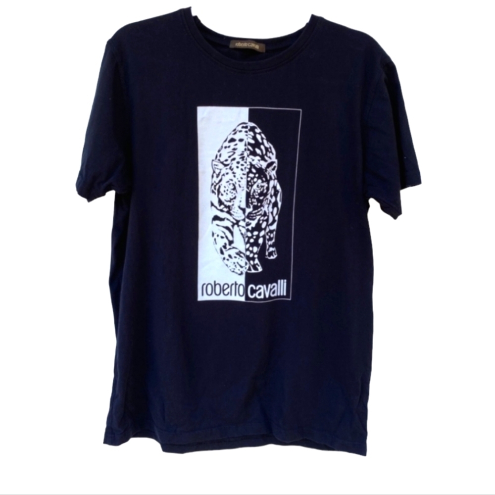 Roberto Cavalli Black T-Shirt Tee Leopard Cheetah Logo Shirt L